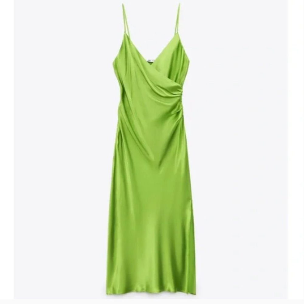 Zara Greenish Satin Effect Slip Midi Dress Sz M NWT - Picture 14 of 14